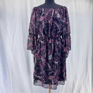 Vibe Whimsigoth Black Dress Pink Paisley Sheer Bell Sleeve Size 1X Off-Shoulder